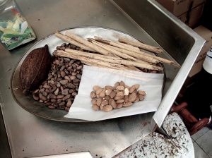 The ingredients for chocolate-covered almonds