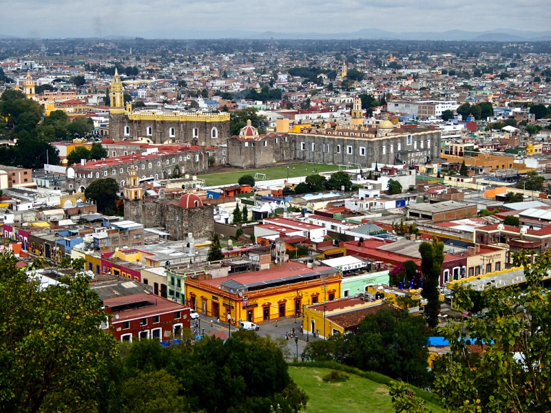 Looking down at Cholula from the top of the pyramid